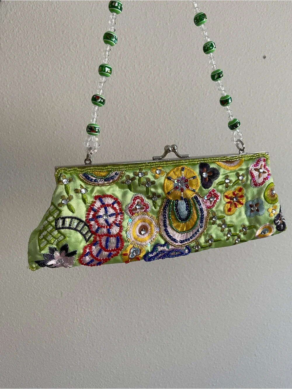 Embroidered Beaded Handle Green Evening Clutch